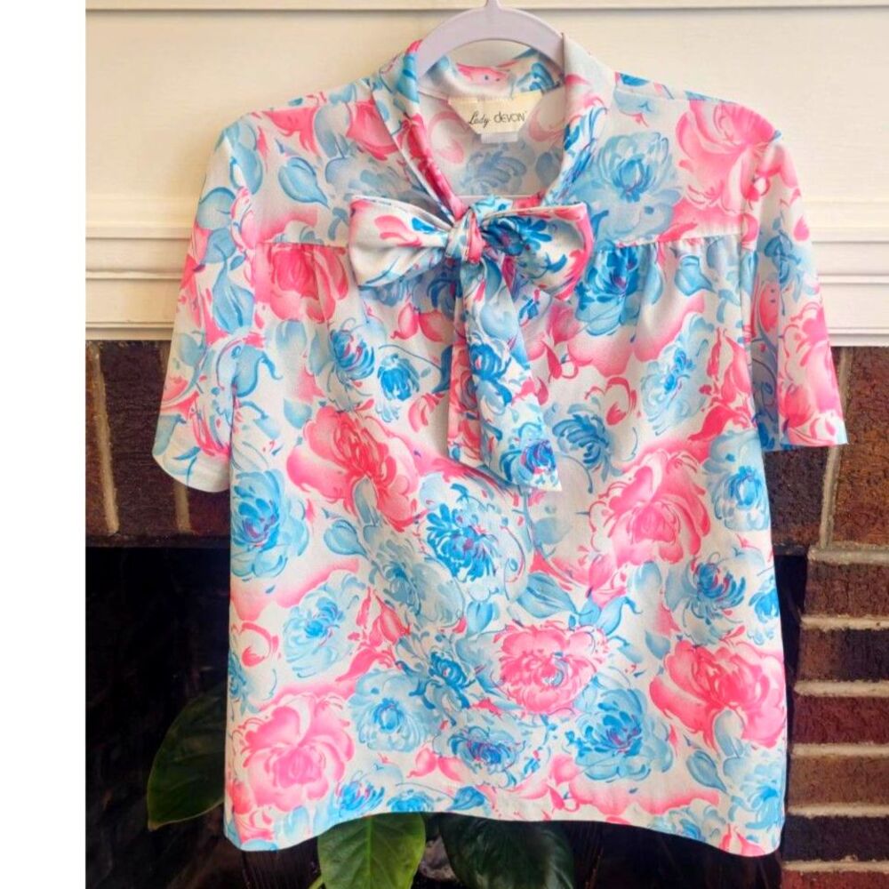 Vintage Lady Devon Floral Bow Top | Pink & Blue Garden Party Perfection
